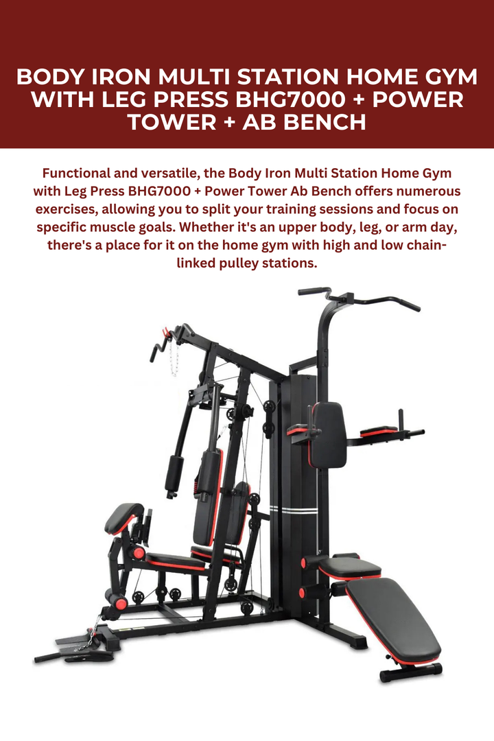 Body Iron Multi Station Home Gym With Leg Press BHG7000 + Power Tower + Ab Bench