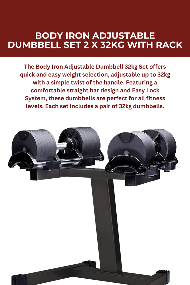 Body Iron Adjustable Dumbbell Set 2 X 32KG with Rack