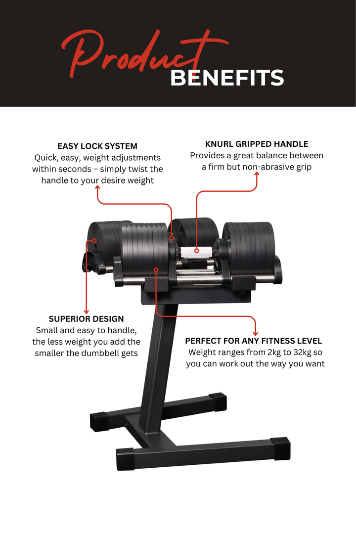 Body Iron Adjustable Dumbbell Set 2 X 32KG with Rack