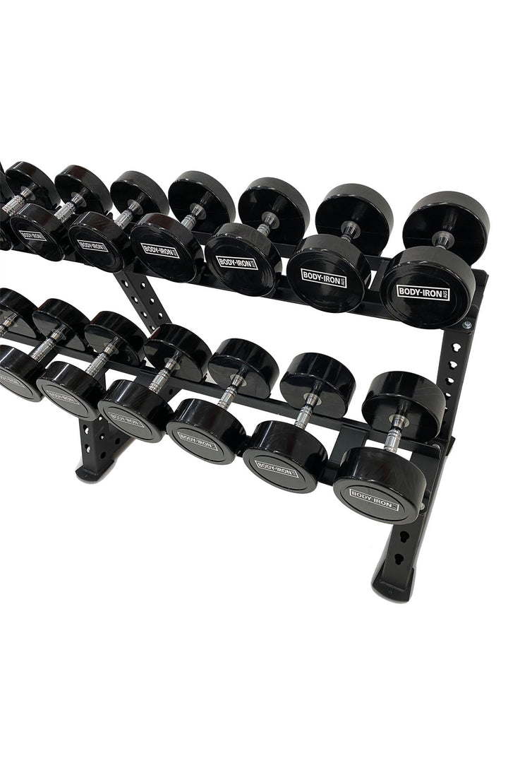 Body Iron dumbbell set in rack