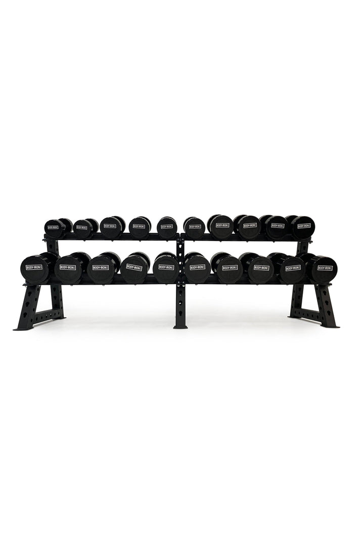 Body Iron dumbbell set in rack
