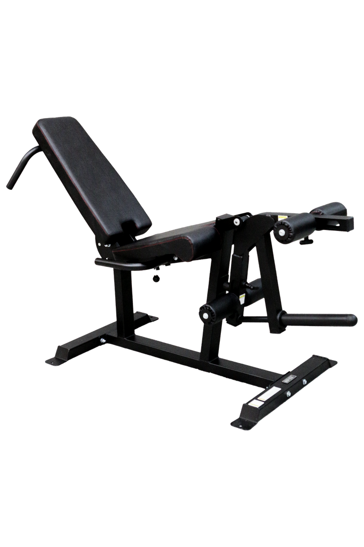 Black prone leg curl and leg extension machine